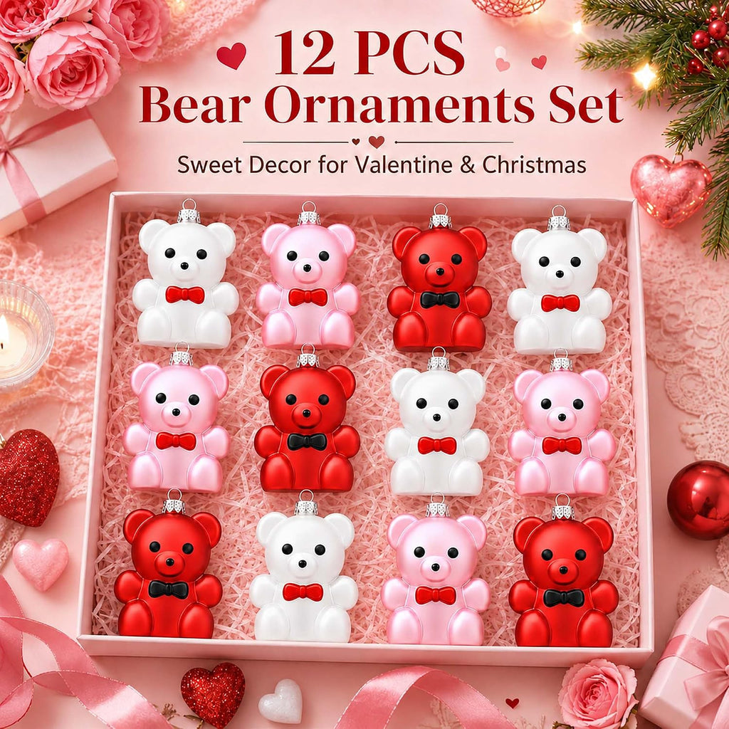 Set of 12 Valentines Tree Decorations, Bear Ornaments for Valentine Tree, Small Red Pink White Ornaments for Christmas Tree, Plastic Hanging Decorations for Party Wedding Anniversary Decor