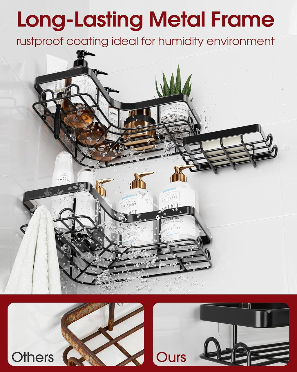 Sakugi Corner Shower Caddy, Large, 3-Pack, Soap Holder & Hooks, Black