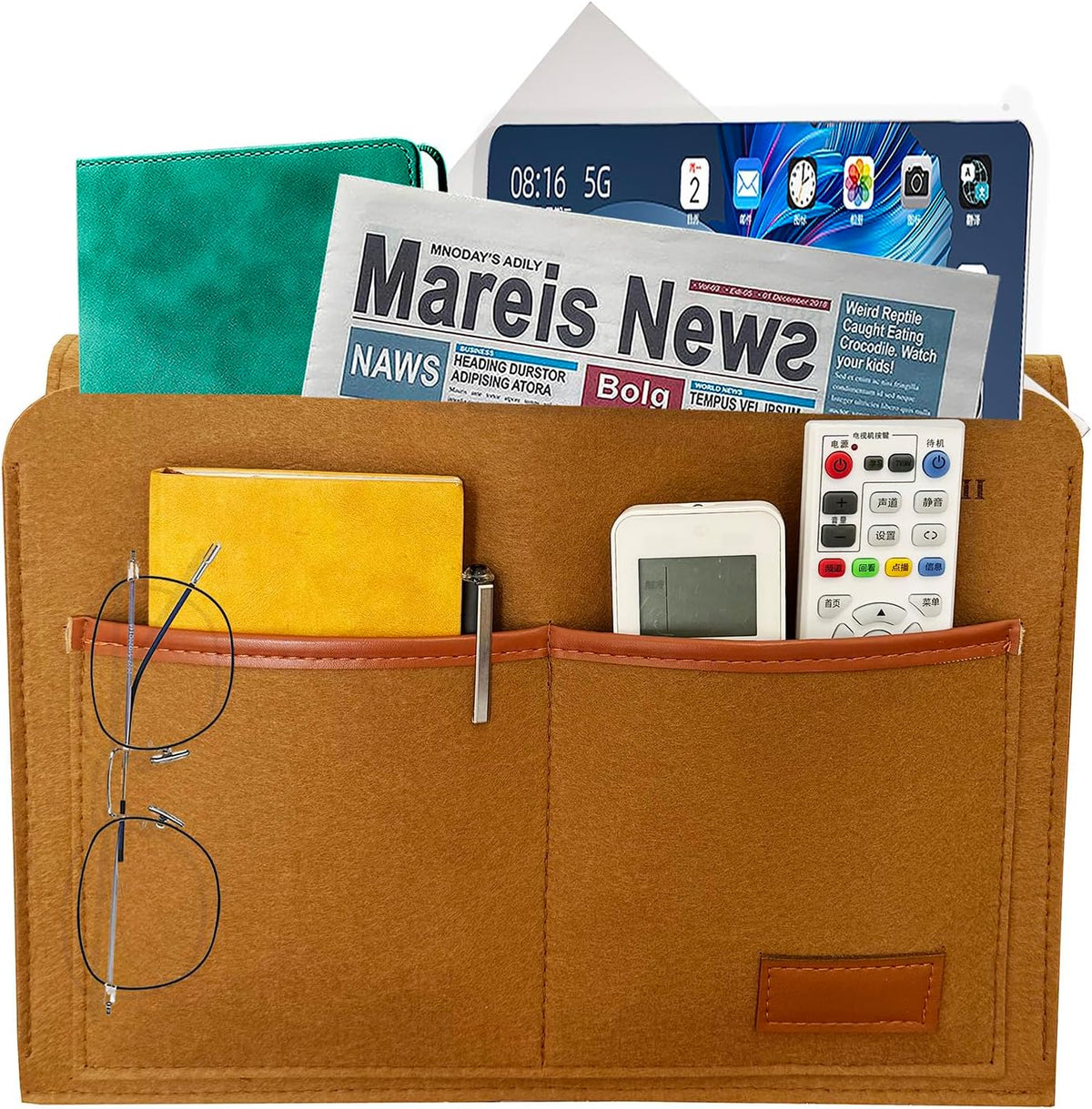 Bedside Caddy, Sofa Caddy, Storage Organizer Pocket for Dorm, Bedroom, 5 Pockets Felt Organizer for Magazine, Remote, Phone, Tablet, Pad, Glasses, Pen, Remote Control (Brown-Short)