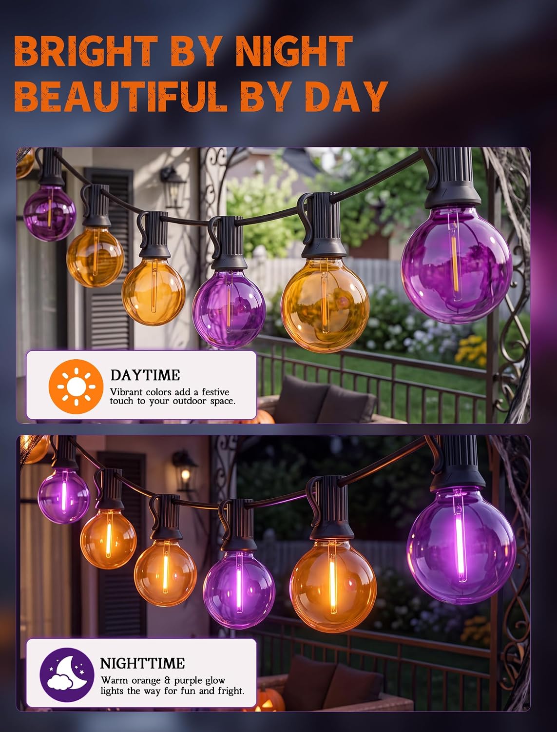 25 Pack G40 Orange and Purple LED Light Bulbs, Shatterproof Plastic Replacement Bulbs, E12 Candelabra Base 0.6W 120V, 2700K Waterproof Outdoor Globe Bulbs for Halloween Decor Patio String Lights
