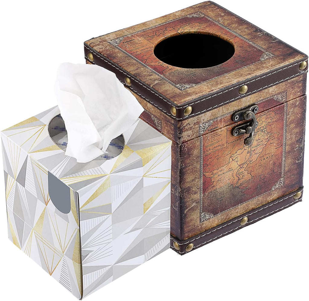Kokone Rustic Wooden Aesthetic Tissue Box Cover with PU Leather Surface
