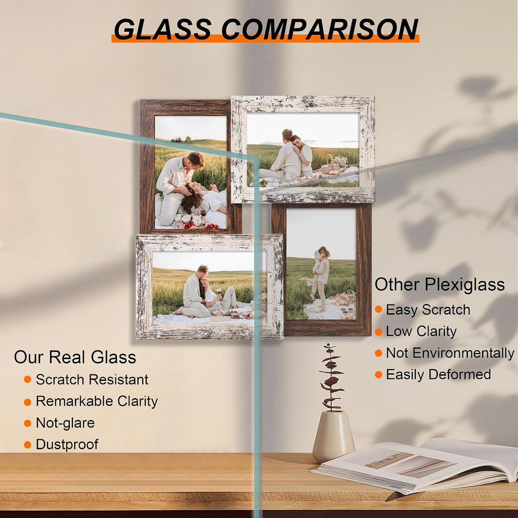 YESKAY 4x6 Collage Picture Frames, Multi Family Photo Frame with Real Glass, Displays Four 4x6 Photo, Wall Decor Wall Hanging or Tabletop, Distressed White+Rustic Brown