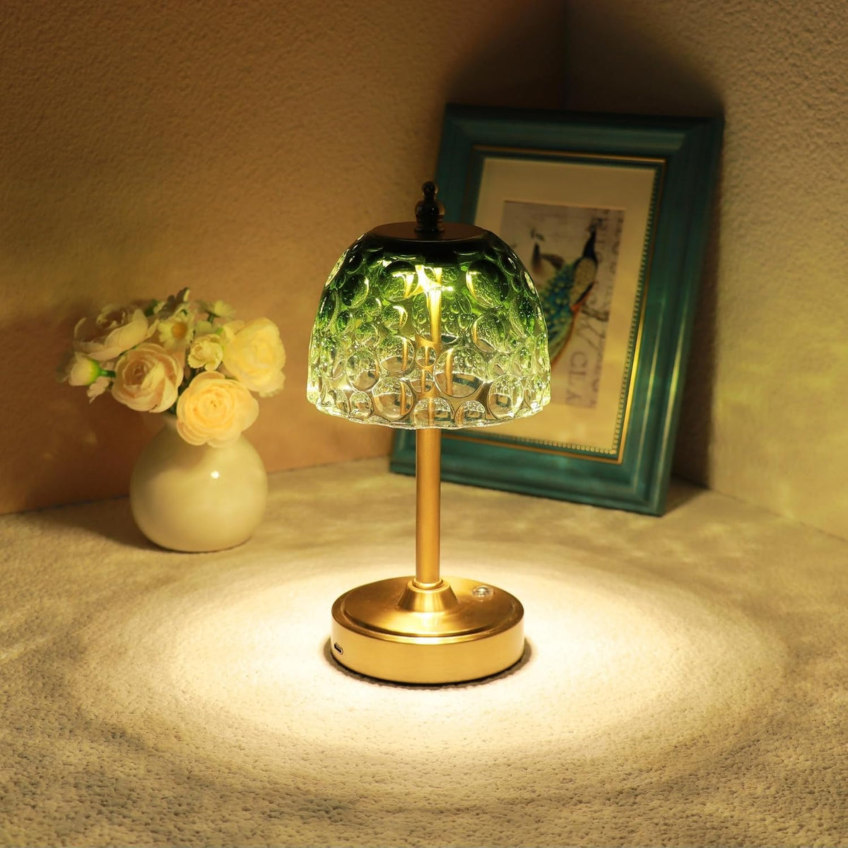 Cordless Rechargeable Table Lamp, Vintage Art Glass Shade, Dimmable, Green