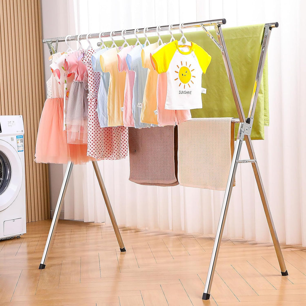 funest Drying Rack Clothing, 79 Inches Adjustble & Foldable Laundry Drying Rack, Heavy Duty Stainless Steel Clothes Drying Rack with 20 Hooks, 12 Clips, Suitable for Indoor, Outdoor and Balcony