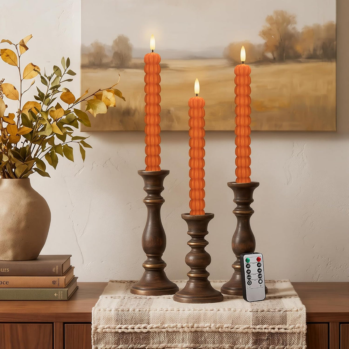 Pumpkin Taper Candles, Fall Flameless Candles, Halloween, Orange, Set of 3