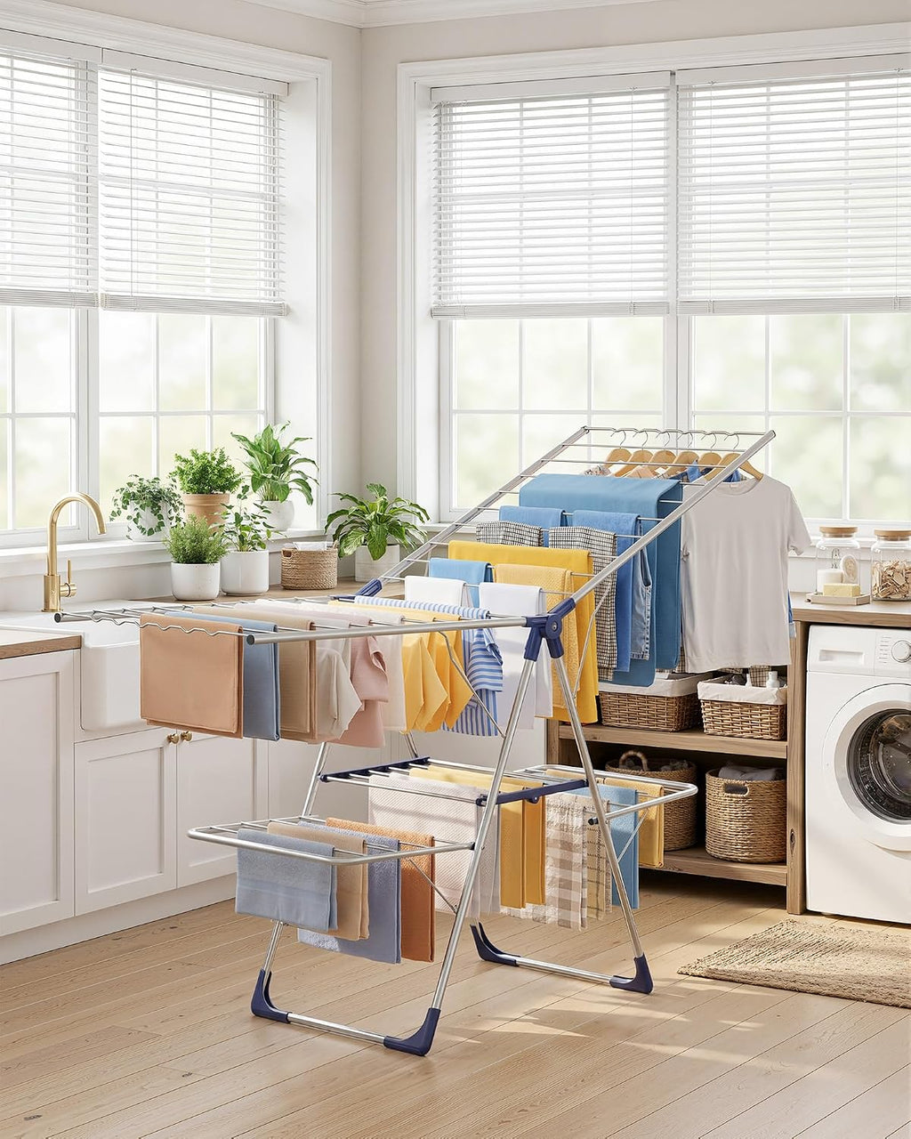 Sakugi Clothes Drying Rack, Foldable 2-Level with 70" Adjustable Wings