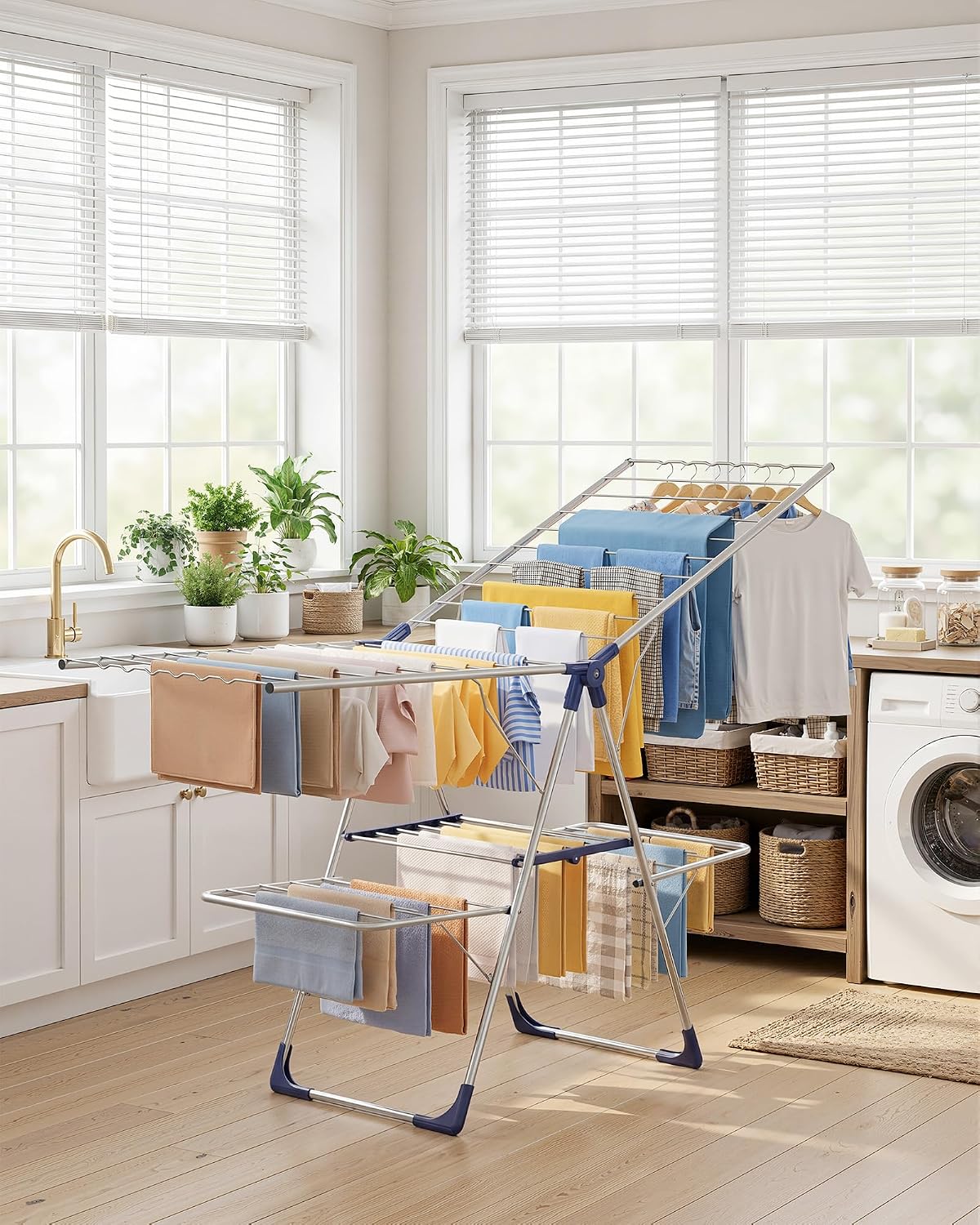 Sakugi Clothes Drying Rack, Foldable 2-Level with 70" Adjustable Wings