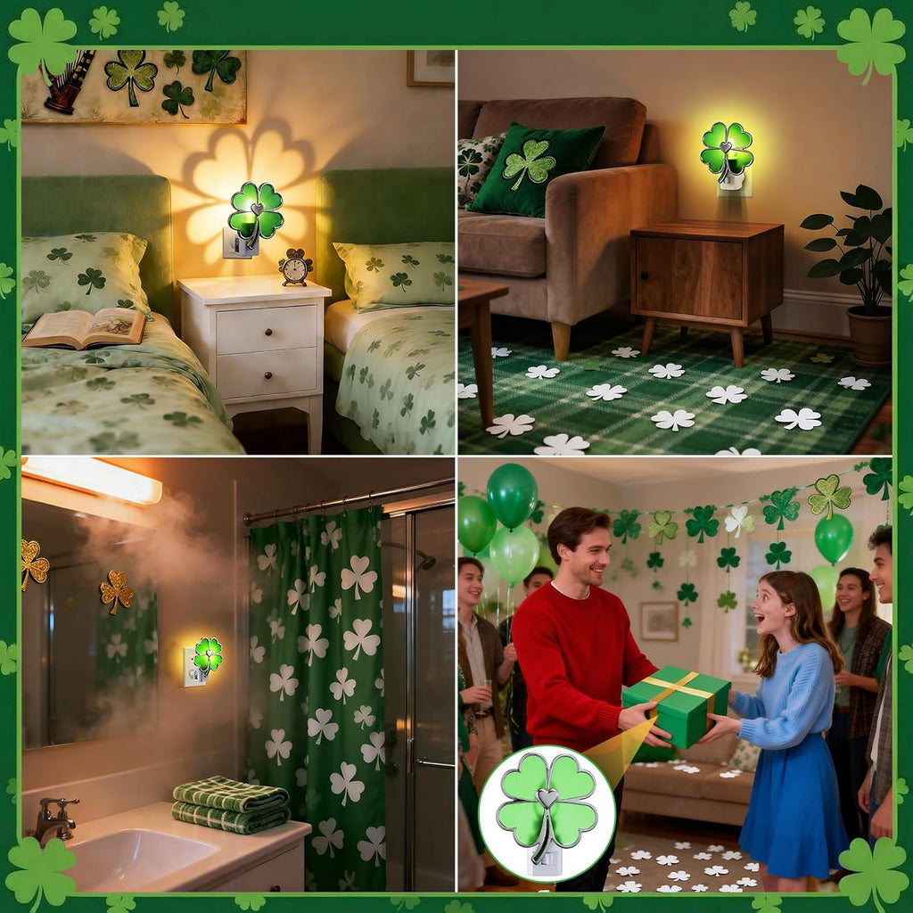 Hohean St. Patrick's Day Lucky Four Leaf Clover Night Light – UL Listed Plug in Irish Decor Lamp with C7 LED, 360° Rotating Plug for Bedroom, Bathroom & Hallway – Green Holiday Lighting Gift