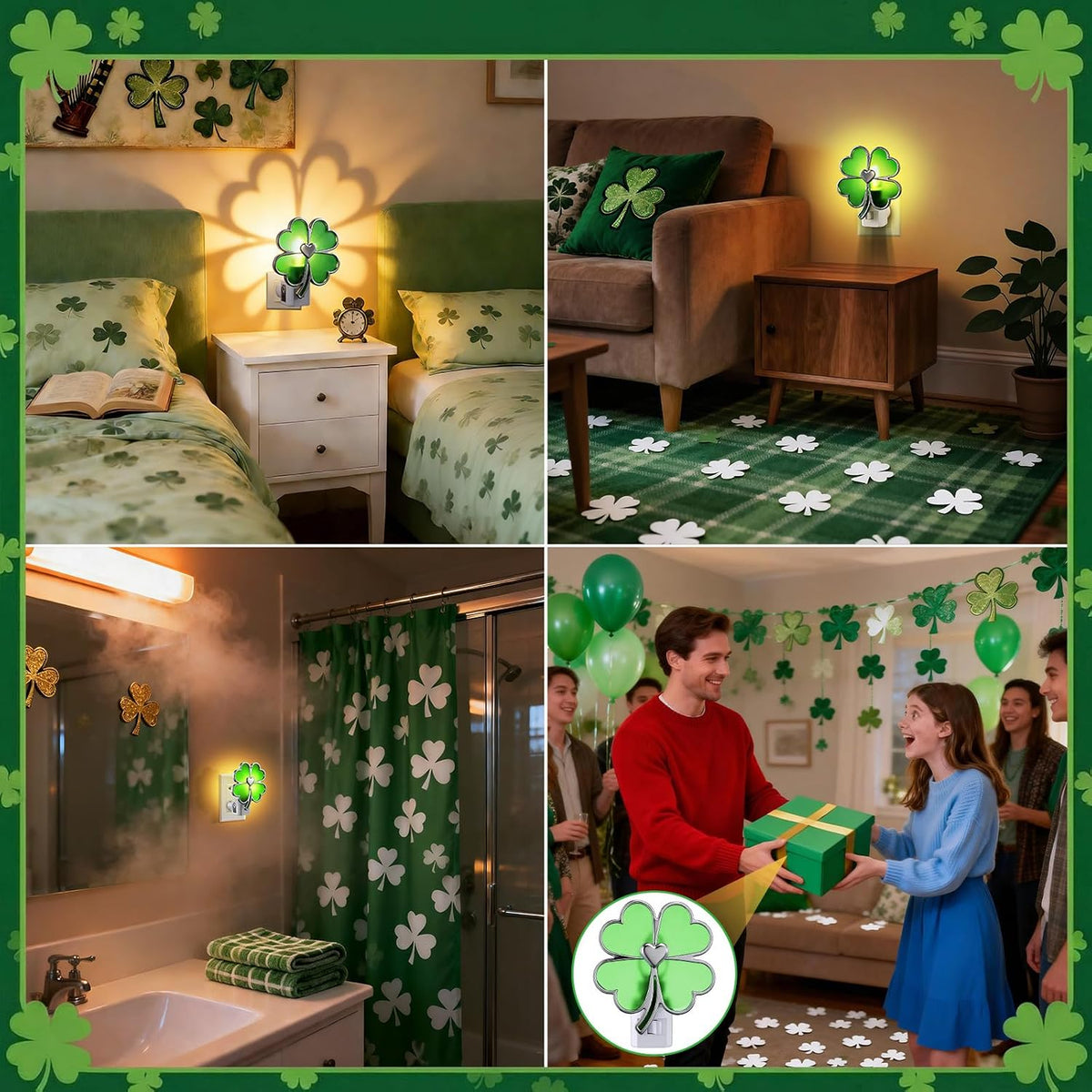Hohean St. Patrick's Day Lucky Four Leaf Clover Night Light – UL Listed Plug in Irish Decor Lamp with C7 LED, 360° Rotating Plug for Bedroom, Bathroom & Hallway – Green Holiday Lighting Gift
