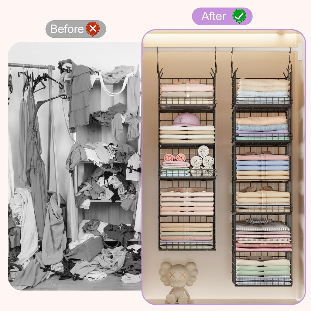 6 Tier Hanging Closet Organizers and Storage Stackable Hanging Closet Shelves with 4 Hooks 2 Adjustable Dividers, Wire Storage Basket Bins for Clothing Purse Sweaters Shoes Socks Dolls, Foldable