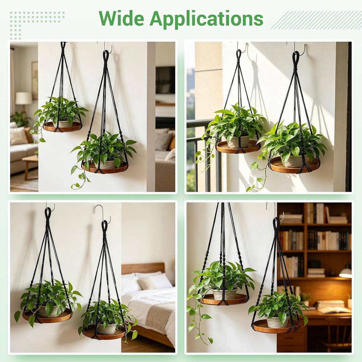 2 Pack Macrame Plant Hanger, 41'' & 32'' Plant Hanger Indoor Set with 12'' & 9.8'' Wood Trays, Bohemian Hanging Planter with Hooks for Living Room Window, Home Decor
