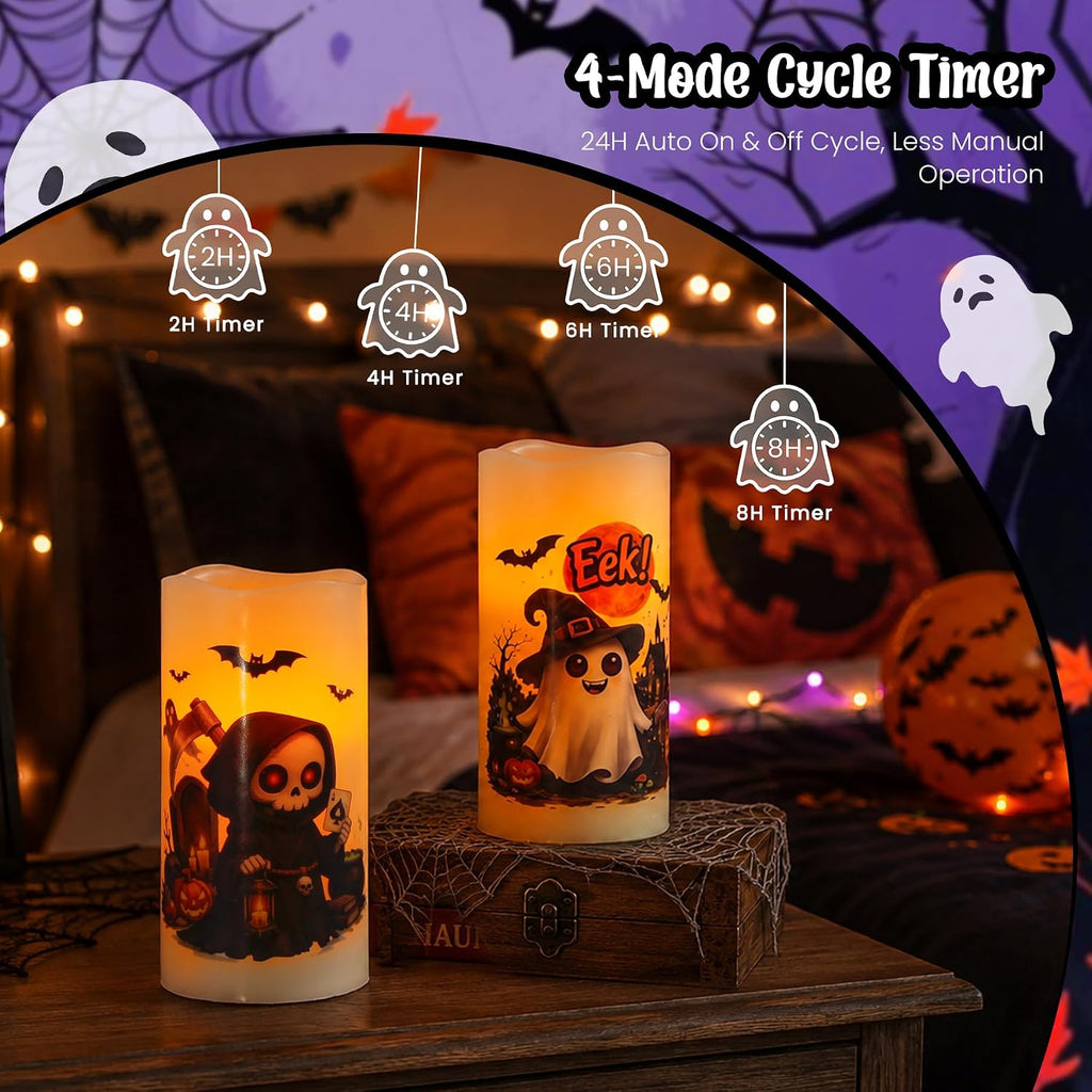 Pack of 2 Real Wax LED Ivory Flickering Flameless Candles with Remote, 2/4/6/8H Timer Long Lasting Battery Operated 3" x6"Pillar Electric Warm Glow Ghostly Skull for Halloween Home Decor