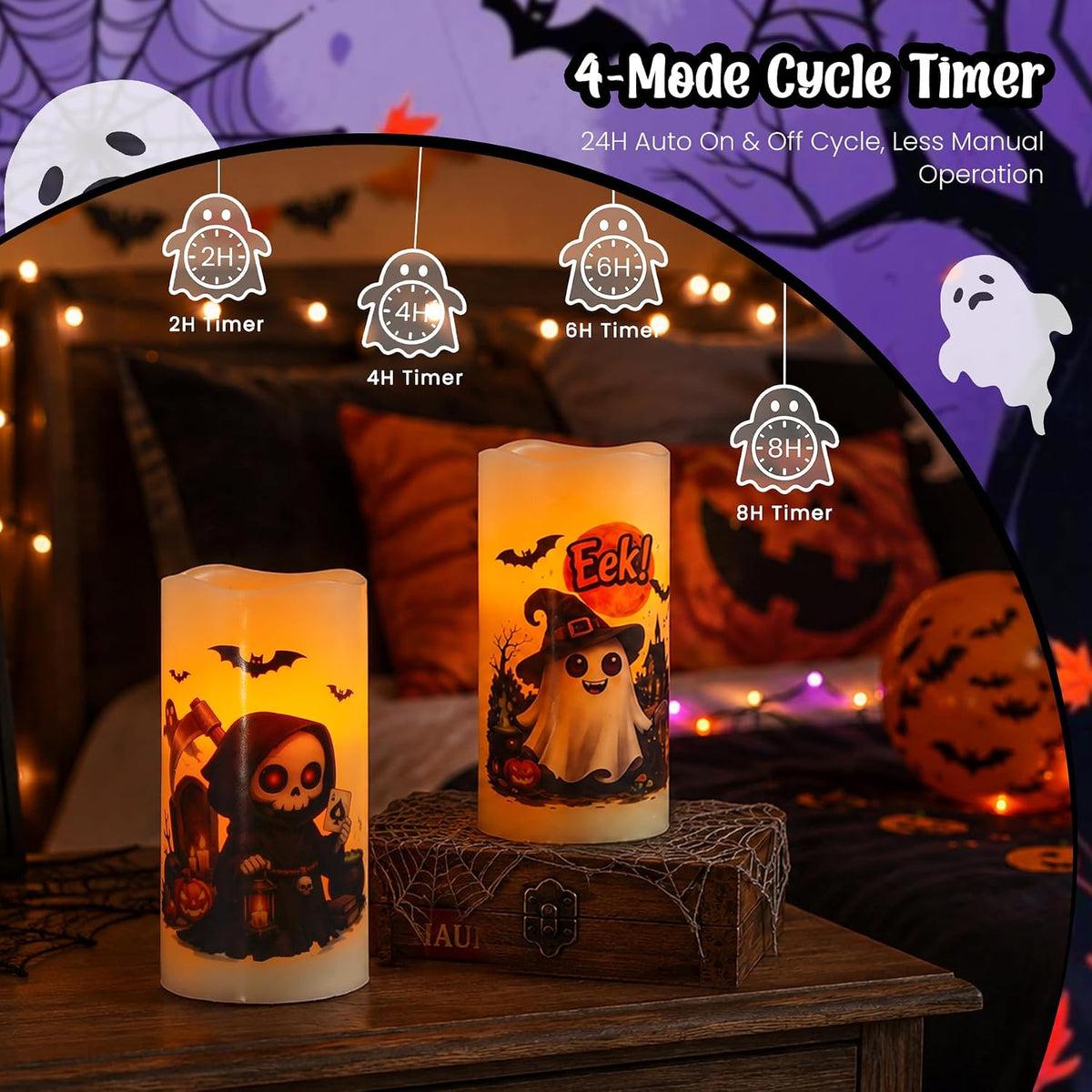 Pack of 2 Real Wax LED Ivory Flickering Flameless Candles with Remote, 2/4/6/8H Timer Long Lasting Battery Operated 3" x6"Pillar Electric Warm Glow Ghostly Skull for Halloween Home Decor