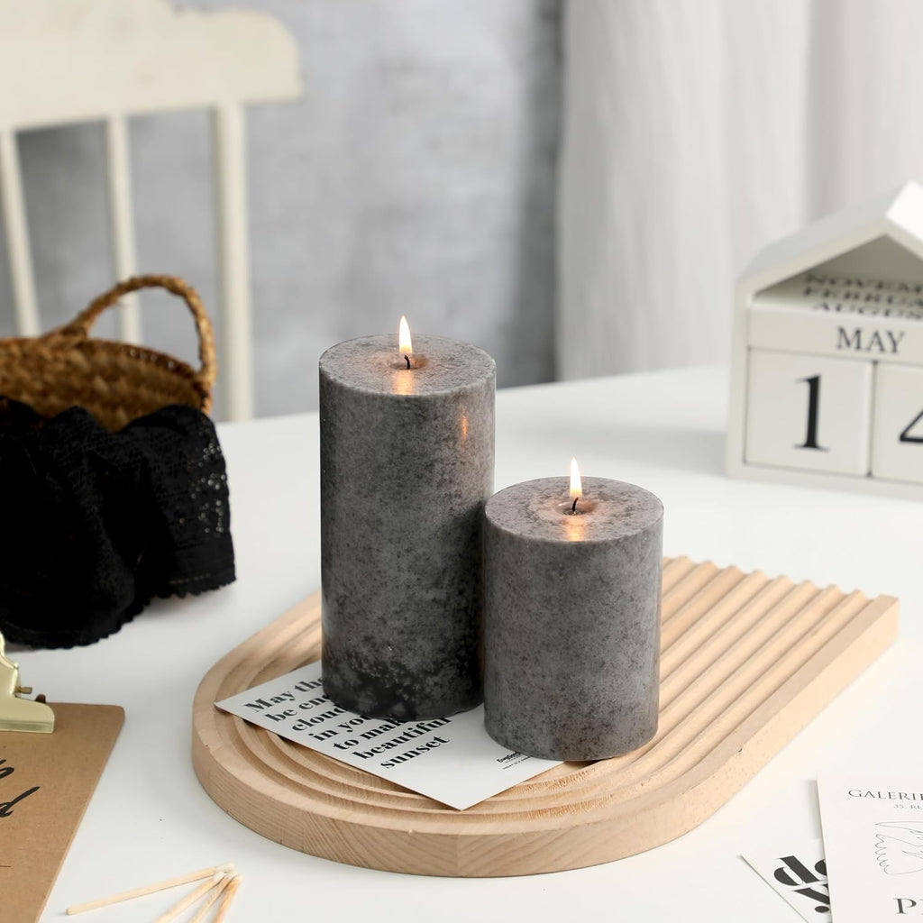 3x6 Inch Grey Pillar Candles Set of 3, Hand-Poured Unscented Pillar Candles