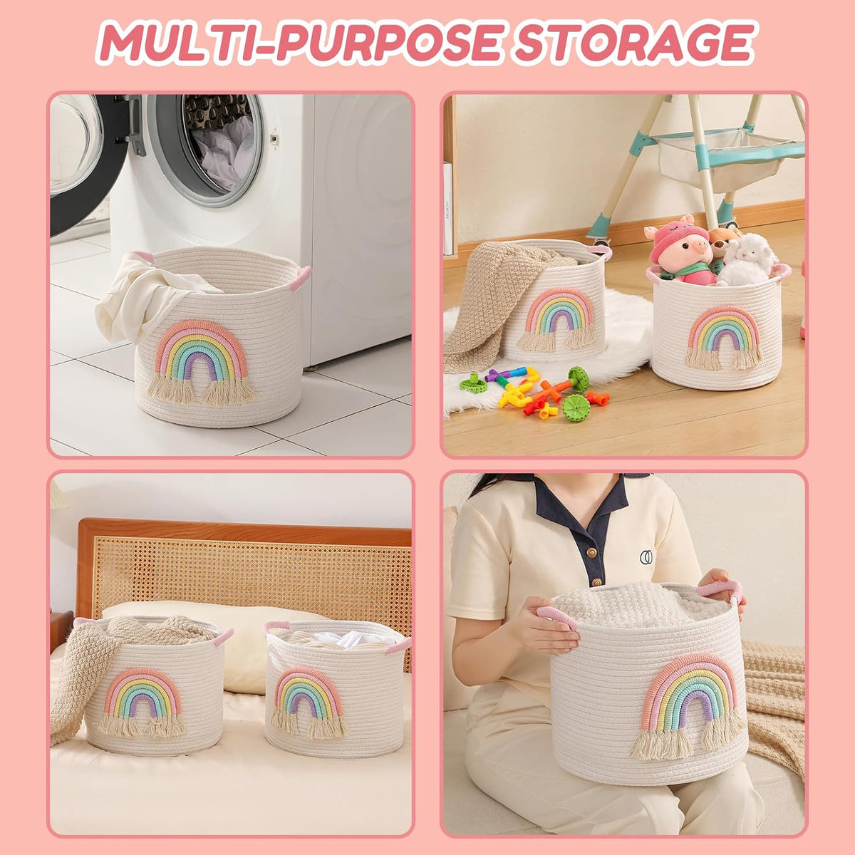 Toy Storage Baskets Woven Cotton Rope Storage Basket with Rainbow Decor for Kids, Blanket Baskets for Living Room Toys Organizer Rainbow Baby Gifts Basket with Handle for Girls Nursery Playroom