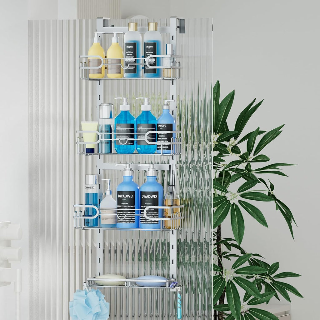 Consumest Over The Door Shower Caddy - 4 Tier Adjustable Hanging Shower Organizer Shelf with 2 Soap Holders & 22 Hooks, Rustproof Easy Installation Hanging Storage Rack for Bathroom, Silver
