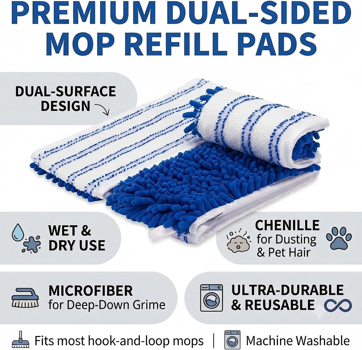4 Pack Microfiber Flip Mop Refills,Compatible with O-Cedar Double Sided Mop Replace,Replacement Reusable Heads with Microfiber & Chenille for Dry/Wet Use,Machine Washable