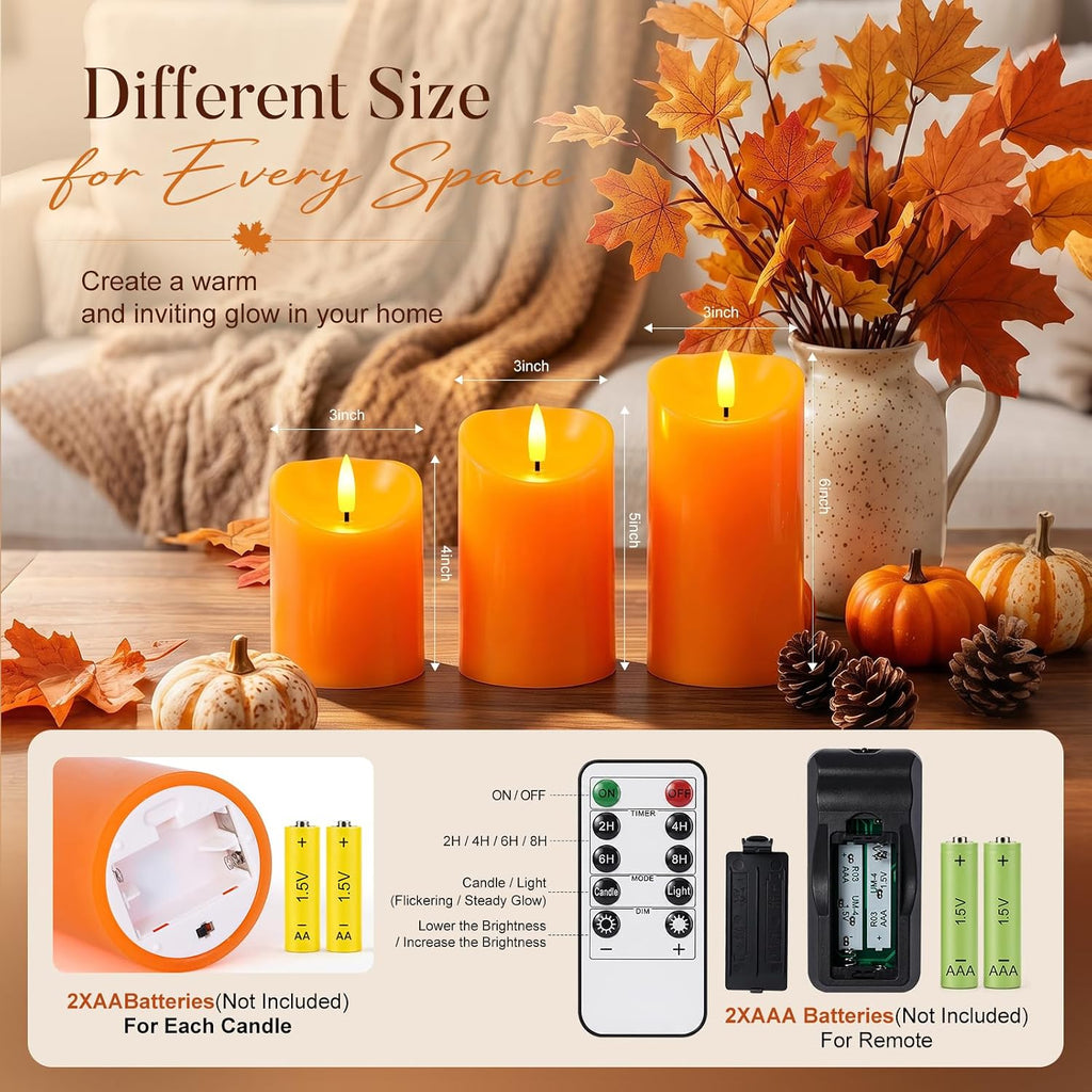 Raycare Real Wax Fall Flameless LED Pillar Candles with Timer Remote,Orange