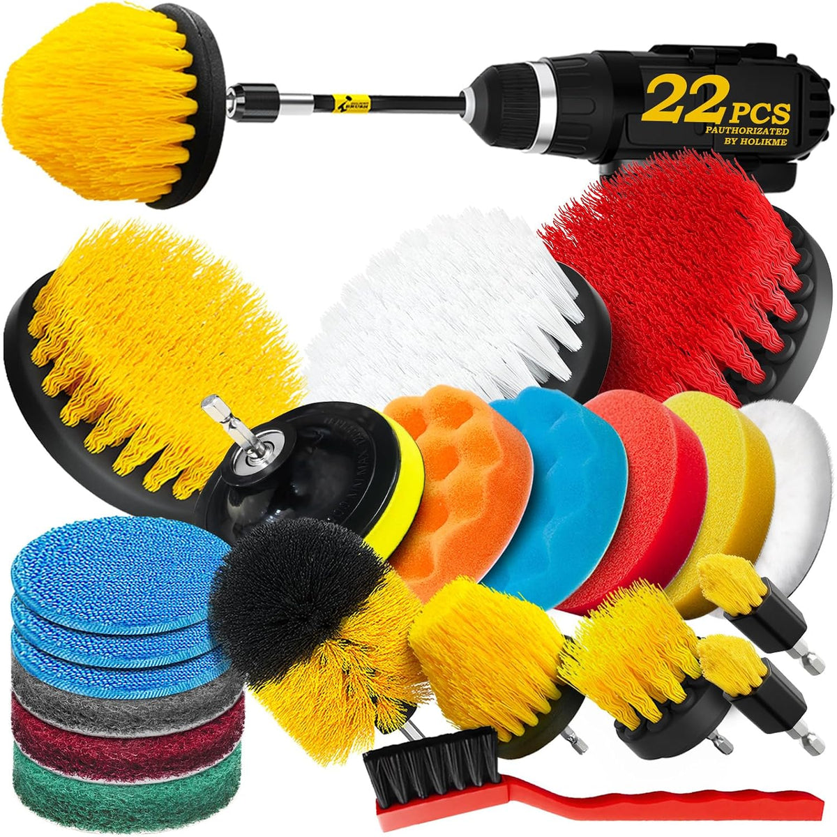 Holikme 22Pack Drill Brush Attachments Set,Scrub Pads & Sponge, Buffing Pads,Power Scrubber Brush,Car Polishing Pad Kit,Wax Applicator Pad,Car Cleaning Kit,Masonry Brushes,Cleaning Supplies