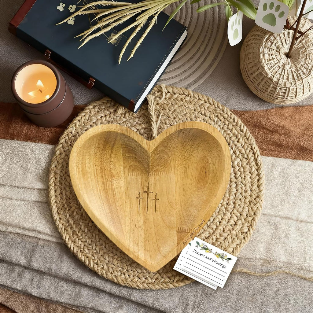 Prayer Bowl with 24 Cards, Heart Shaped Prayer Bowl Wooden