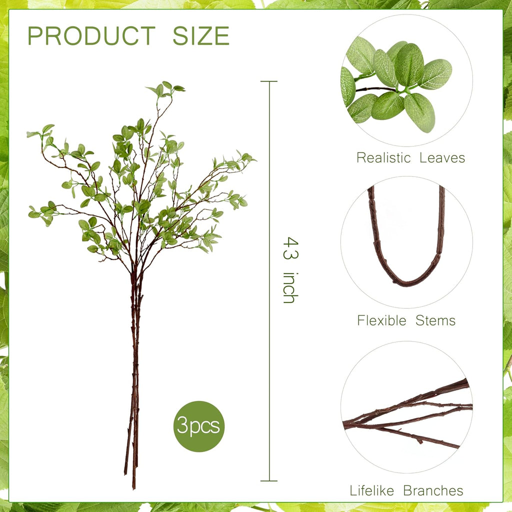THAWAY 3 Pcs Artificial Eucalyptus Stems - 43 Inch Long Faux Eucalyptus Branches for Tall Vase Filler, Realistic Greenery Stems Fake Silk Leaves for Home Table Farmhouse Wedding Decor