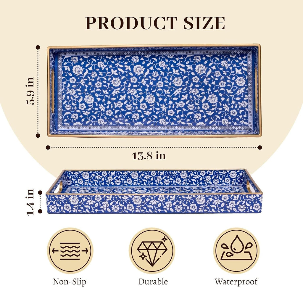 MAONAME Blue Bathroom Vanity Tray, Plastic Decorative Trays with Handles
