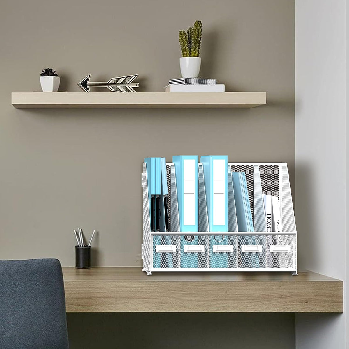 SUPEASY Desk Organizers Metal Desk Magazine File Holder with 5 Vertical Compartments Rack File Organizer for Office Desktop, Classroom, Home Workspace, White Plus