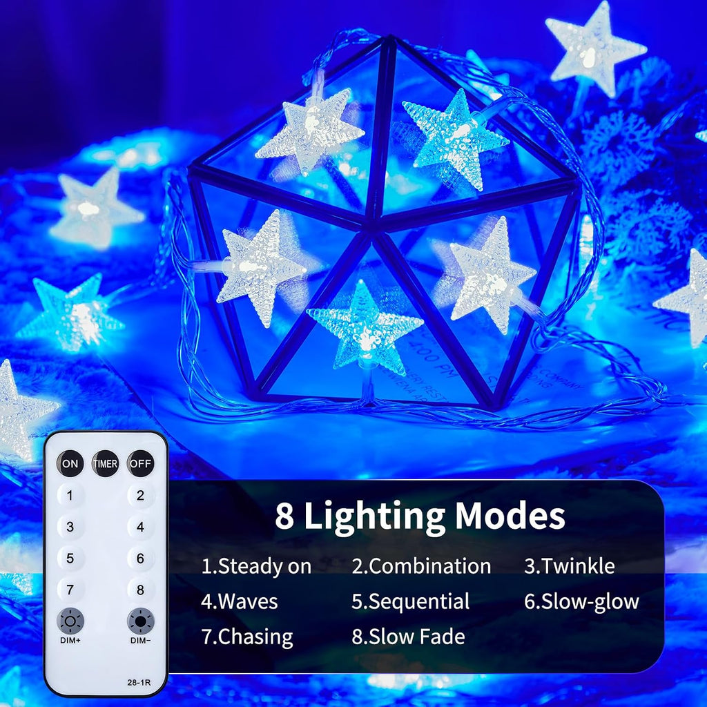 Star String Lights Plug in - 33 ft 100 LED Star Fairy String Lights with Remote and Timer, 8 Modes Waterproof for Bedroom Tent Loft Bed Window Backyard Patio Porch Balcony Staircase Party, Blue