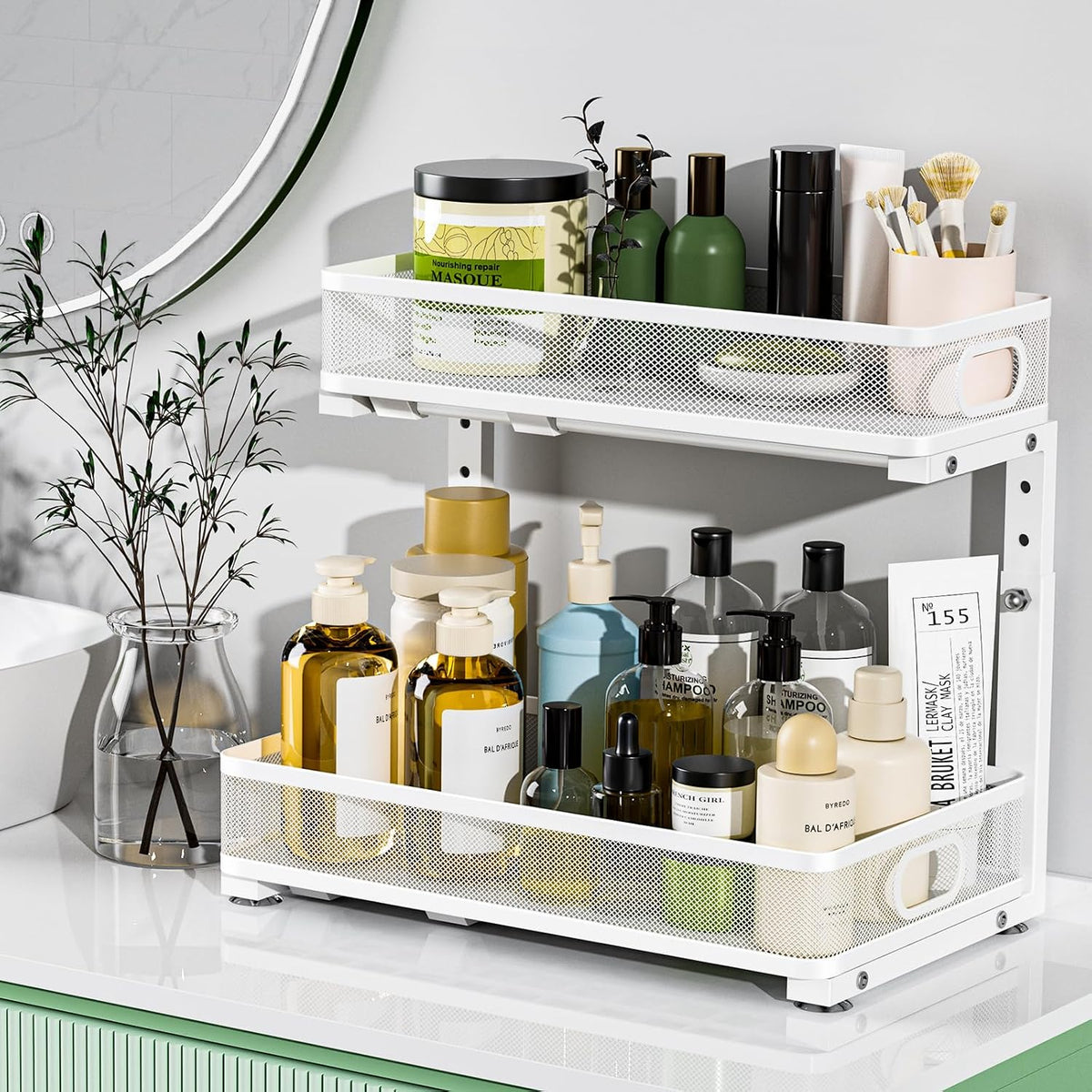 Under Sink Organizer, High Adjustable 2 Tier Under Sink Organizers and Storage, Slide out Metal Cabinet Organizers, Pull out Storage Drawer Shelf for Kitchen Bathroom Cabinet (White-1 pack)