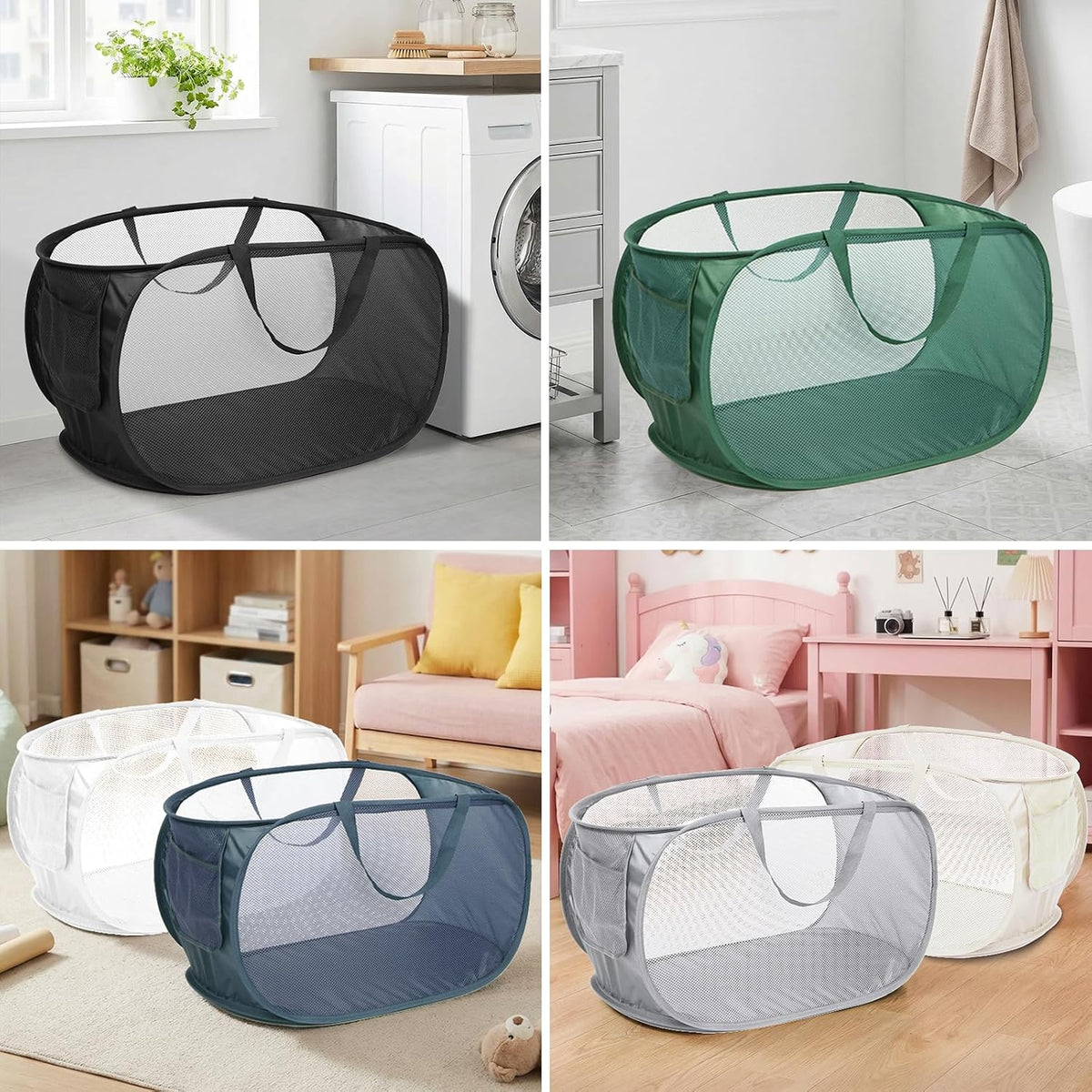 6 Pcs Durable Collapsible Laundry Baskets, Foldable Laundry Basket Large Opening, Pop Up Laundry Hamper with Pocket, Clothes Hamper with Handles for Laundry, Bathroom, Kids Room, Dorm or Trave