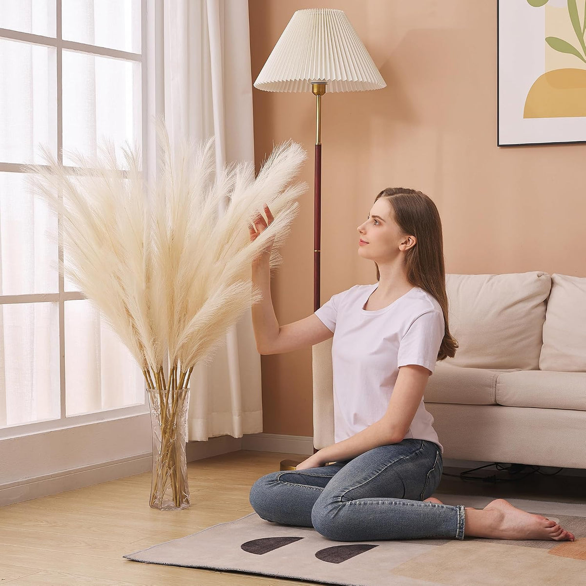 7 Pcs 45" Faux Pampas Grass – Fluffy Artificial Pompous Grass for Tall Floor Vase, Non-Shedding Home Decor, Boho Wedding Flowers, Baby Shower Centerpieces, Bedroom & Living Room Decor (Beige)