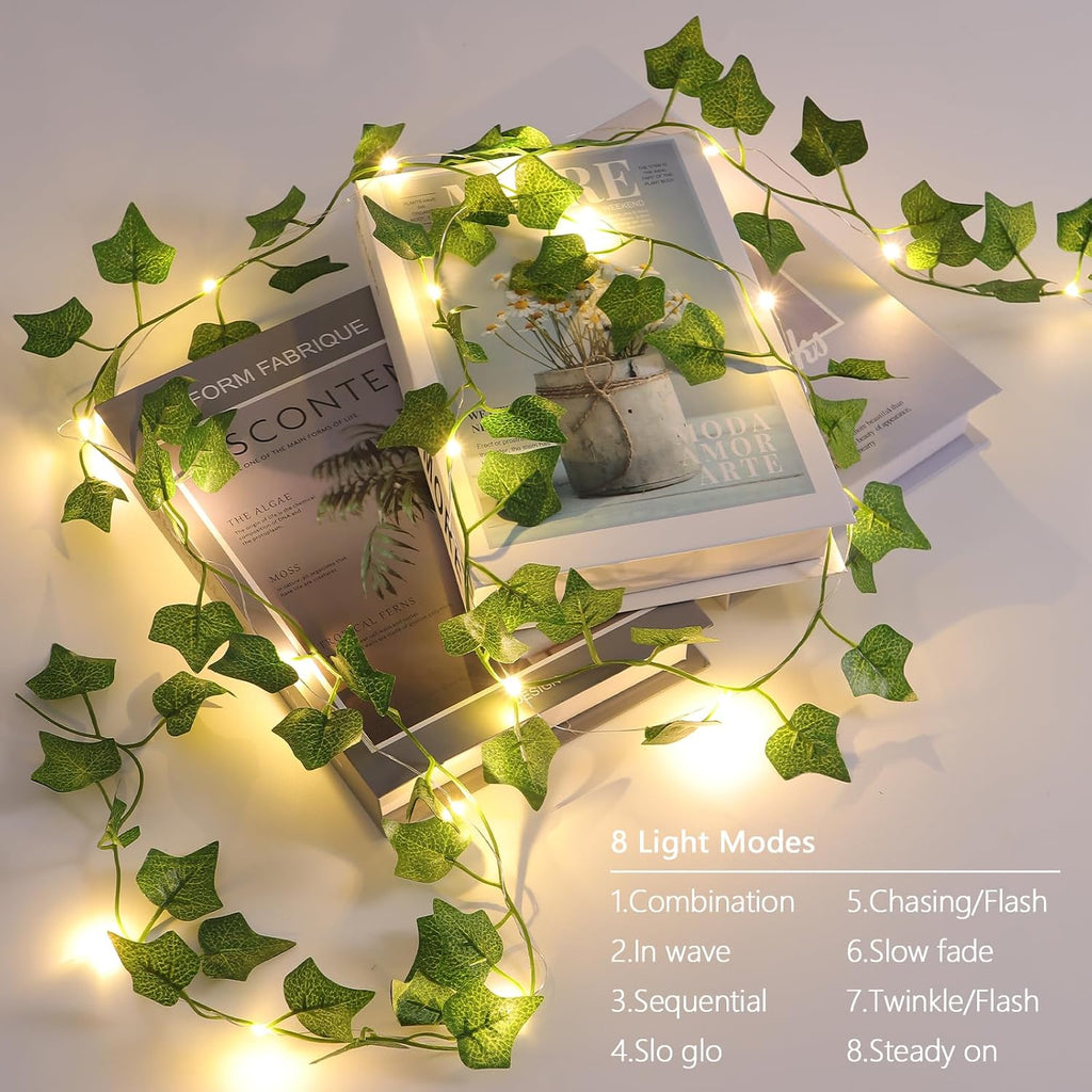 2 Pack Vines with Lights Battery Operated, 6.56ft 20 LED Vines with Fairy Light, Leaf Light with 8 Modes, Fake Vines Ivy String Lights for Bedroom, Wall, Room, Garden, Party Decor