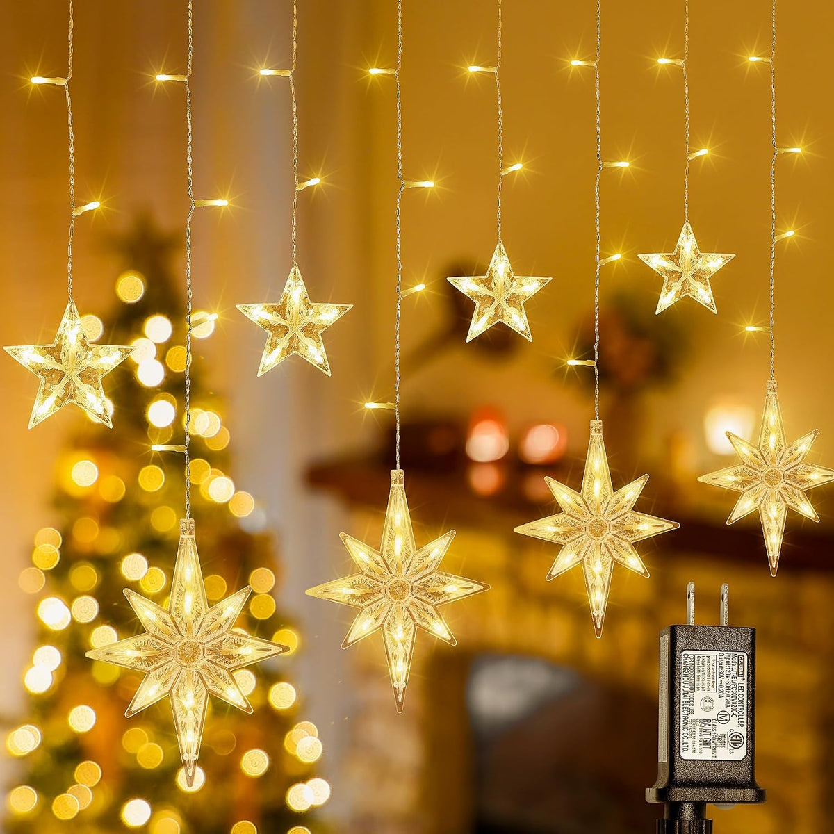 126 LED Star Icicle Lights,7.8ft Window Curtain Lights Plug in