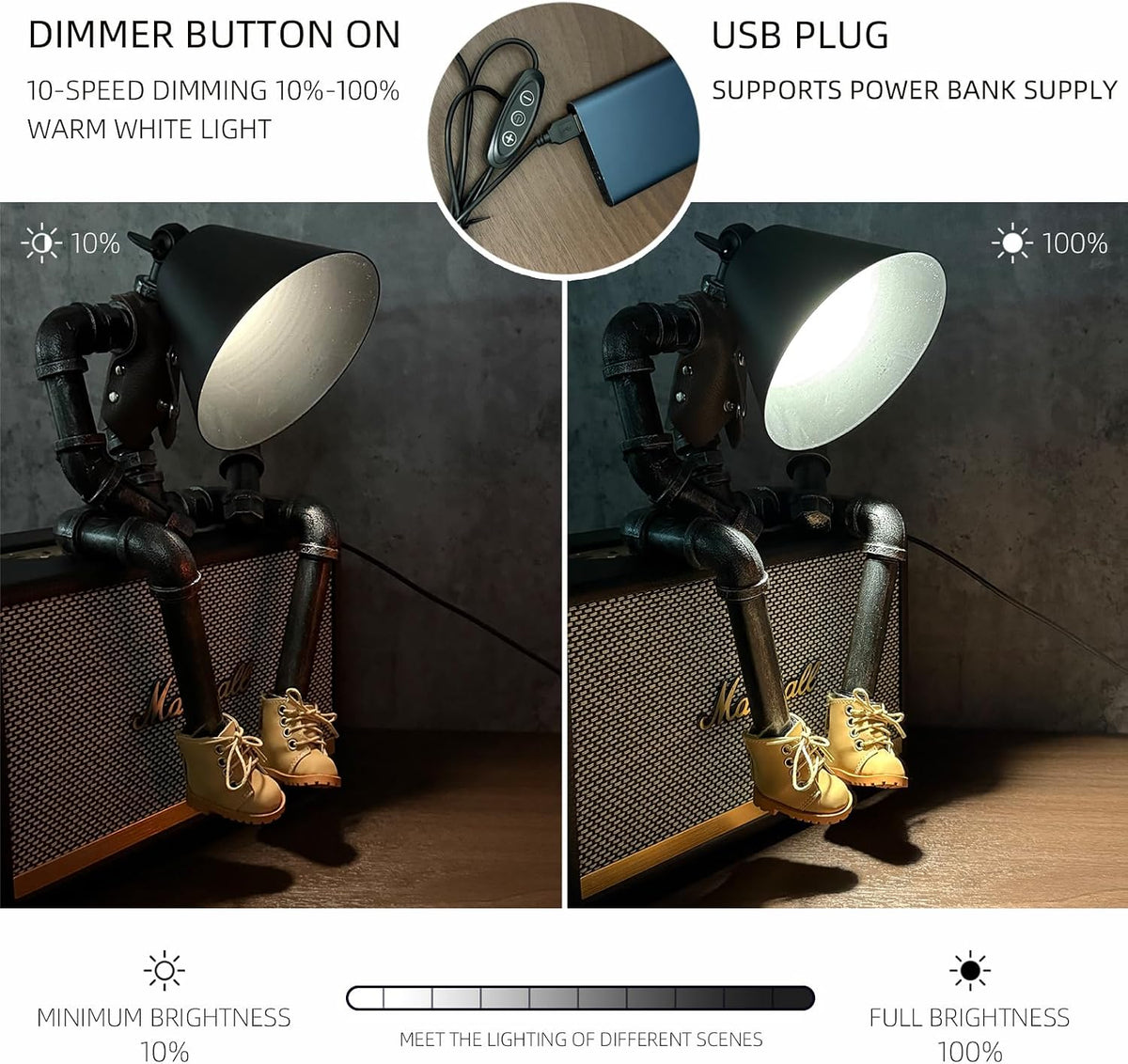 Steampunk Cowboy Robot Table Lamp, Boots & Vest Jacket Design with Metal Pipe Industrial Robot Lights, Adjustable Brightness Cool Desk Lamp,Unique Retro Decor & Creative Art Gifts for Men