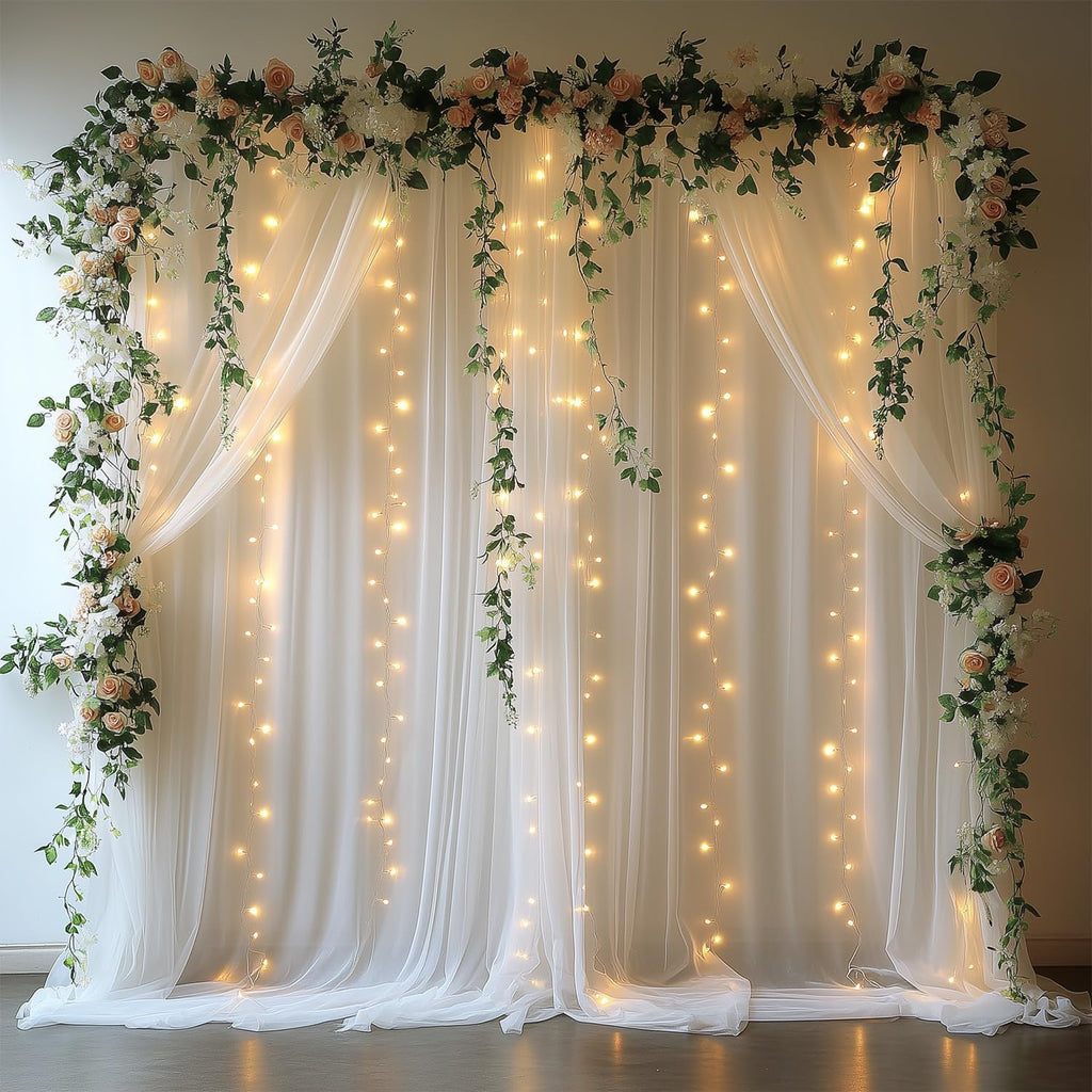 10x10ft White Tulle Backdrop Curtain with Lights String Sheer Drapes for Wedding, Birthday, Baby Shower, Bridal Shower, Photo Booth, Party, Home Decor (2 Panels, White)