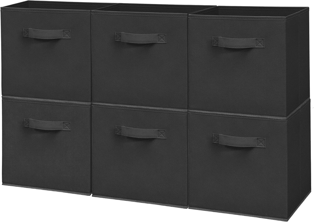 Easi Storage Cubes, 11 Inch Fabric Storage Bins, Set of 6, Foldable Collapsible Cube Organizer with Handles, Closet Shelves Office Nursery Storage, Cubby Storage Bins for Toys Clothes Books, Black