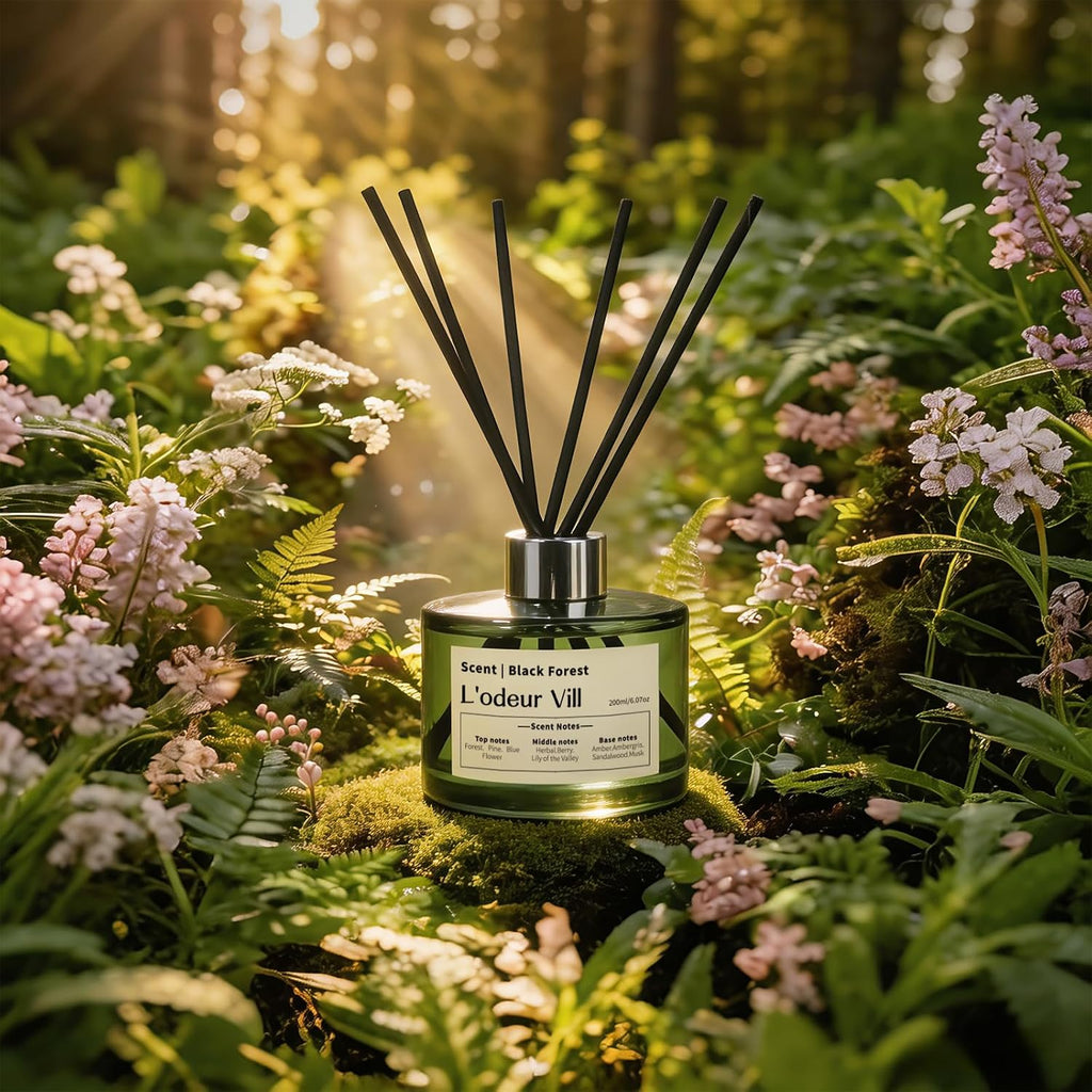 L'odeur Vill Reed Diffuser Set, 6.7 fl oz(200ml) Scent Diffuser with 6 Reed Sticks, Black Forest Oil Diffuser Home Fragrance Bathroom & Office Shelf Decor