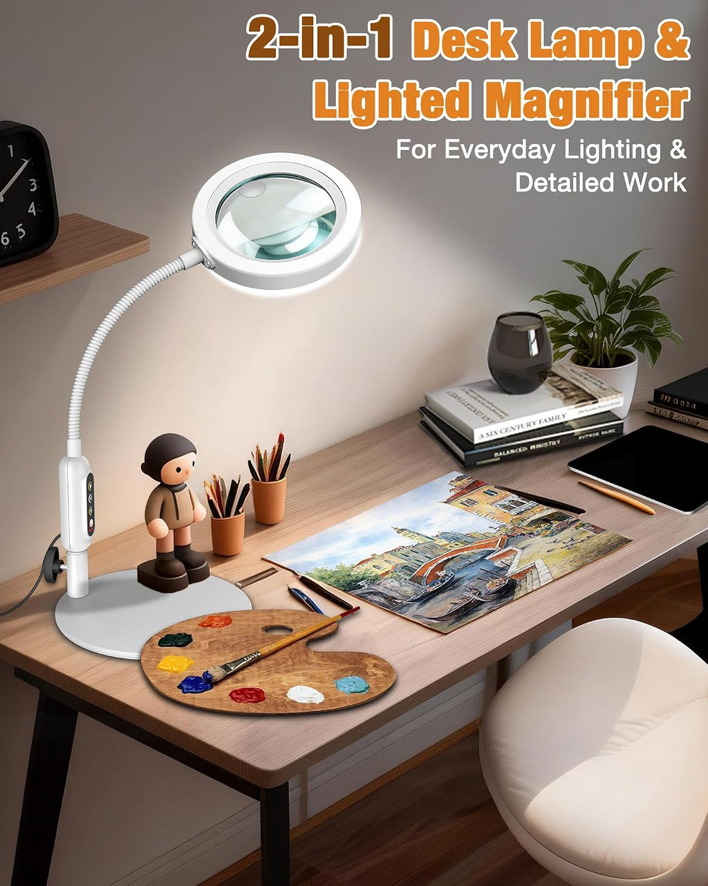 30X 10X Magnifying Glass with Light and Stand, 5 Color Modes Stepless Dimmable, Optical Grade HD Lens, LED Lighted Magnifier Hands Free with 16in Flexible Gooseneck for Close Work - White