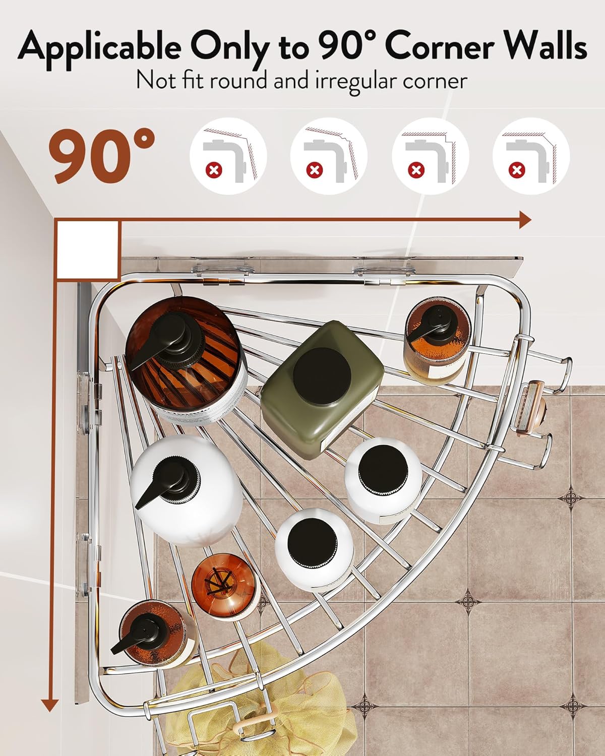 Orimade Corner Shower Caddy Stainless Steel with Hooks Wall Mounted Bathroom Shelf Storage Organizer Adhesive No Drilling 2 Pack, Silver Only for 90-Degree Corner