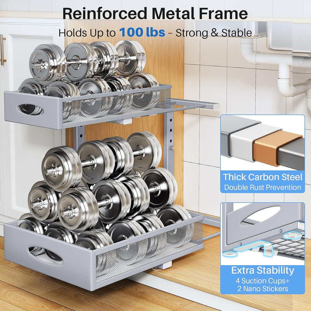 Under Sink Organizer, 2 Tier Pull Out Under Cabinet Organizer Shelf with Pad for Framed Cabinets, Metal Slide Out Under Sink Storage, Mesh Sliding Drawers for Kitchen Bathroom Laundry(Grey, 1 Pack)