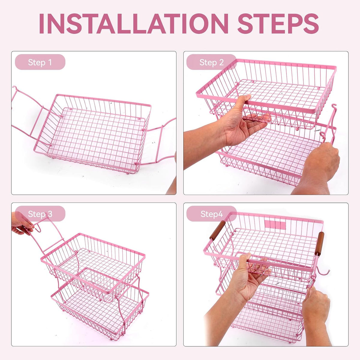 3-Tier Stackable Wire Basket with 2 Banana Hooks, Pantry Organizer for Kitchen Countertops, Cabinets & Under-Sink Spaces; Ideal for Storing Snacks, Fruits, Veggies, Onions, Potatoes, & More,Pink