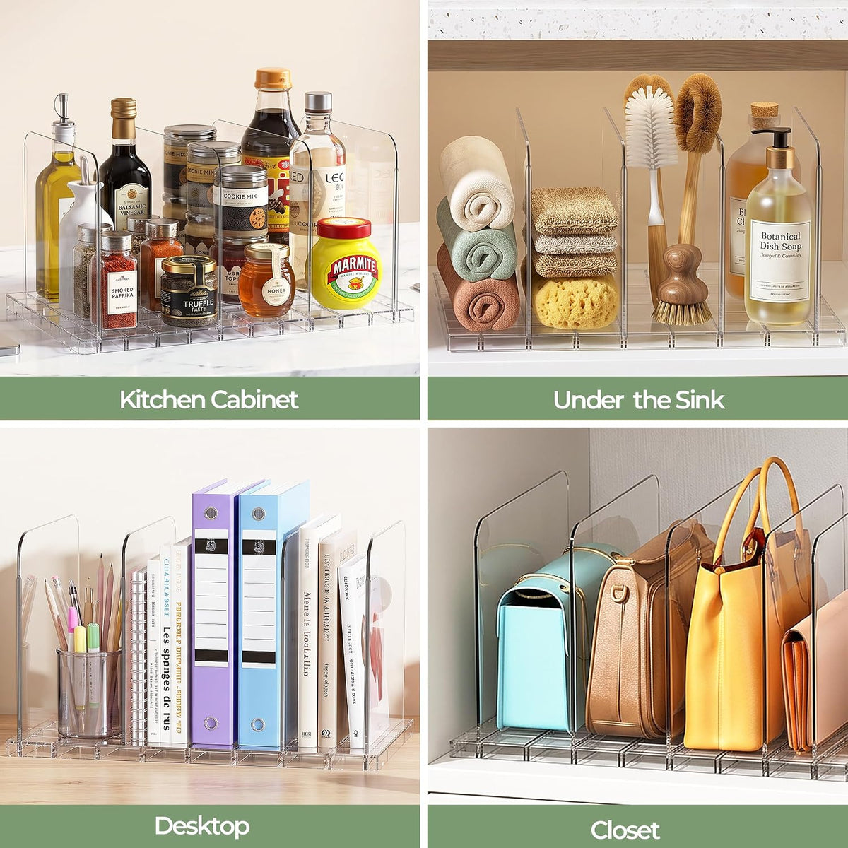 Yecaye Purse Organizer for Closet, Holds 24 Bags, Clear Acrylic Adjustable Shelf Dividers, Stackable Handbag Storage, Keep Bags Upright for Clutch Wallet Pocketbook, Bookshelf Bedroom Office, 6 Pack
