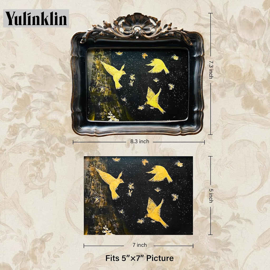 5x7 Vintage Picture Frame, Antique Black Ornate Carved Horizontal Landscape Frame with Glass Front, Tabletop & Wall Hanging Retro Home Decor Photo Gallery Art