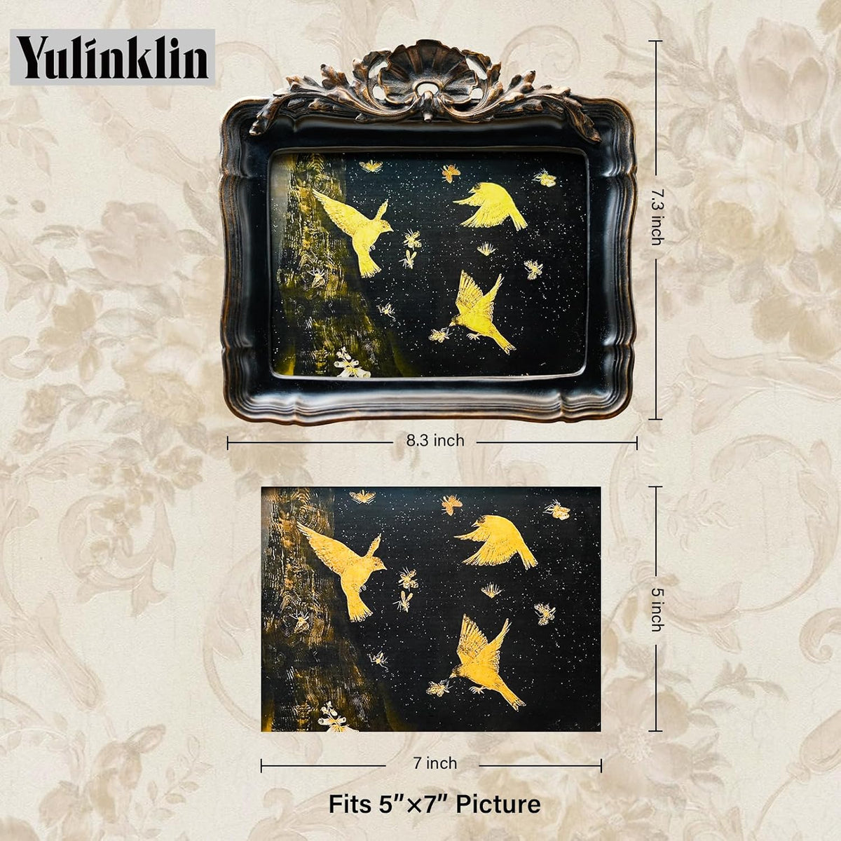 5x7 Vintage Picture Frame, Antique Black Ornate Carved Horizontal Landscape Frame with Glass Front, Tabletop & Wall Hanging Retro Home Decor Photo Gallery Art