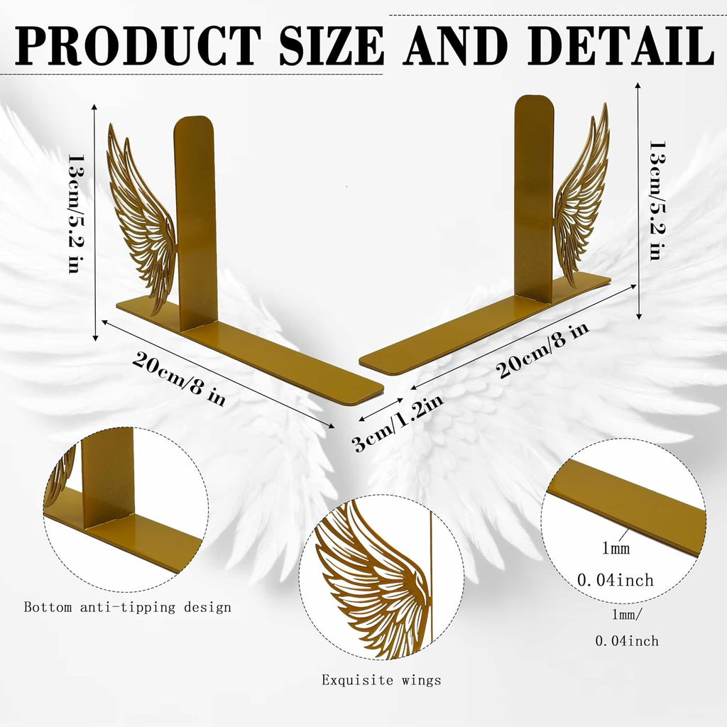 Gold Angel Wings Metal Bookends – Decorative Metal Book Ends for Shelves, Cute Gold Book Holders, Unique Book Stoppers for Home Decor (8.1" x 1.2" x 5.1")