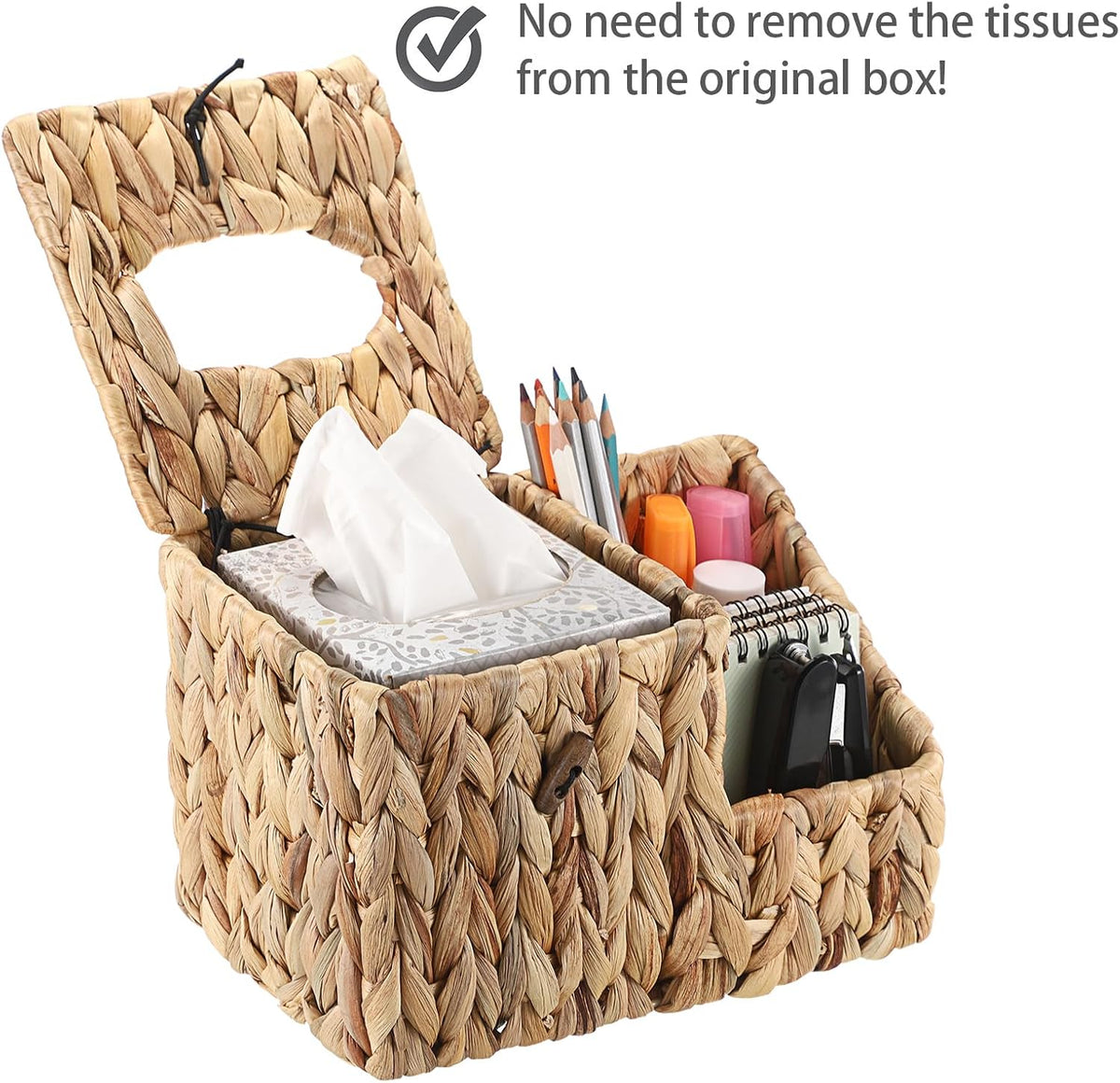 Sumnacon Square Tissue Box Cover with Side Organizer - Wicker Cube Tissue Box for Bathroom Toilet (Water Hyacinth, Natural)