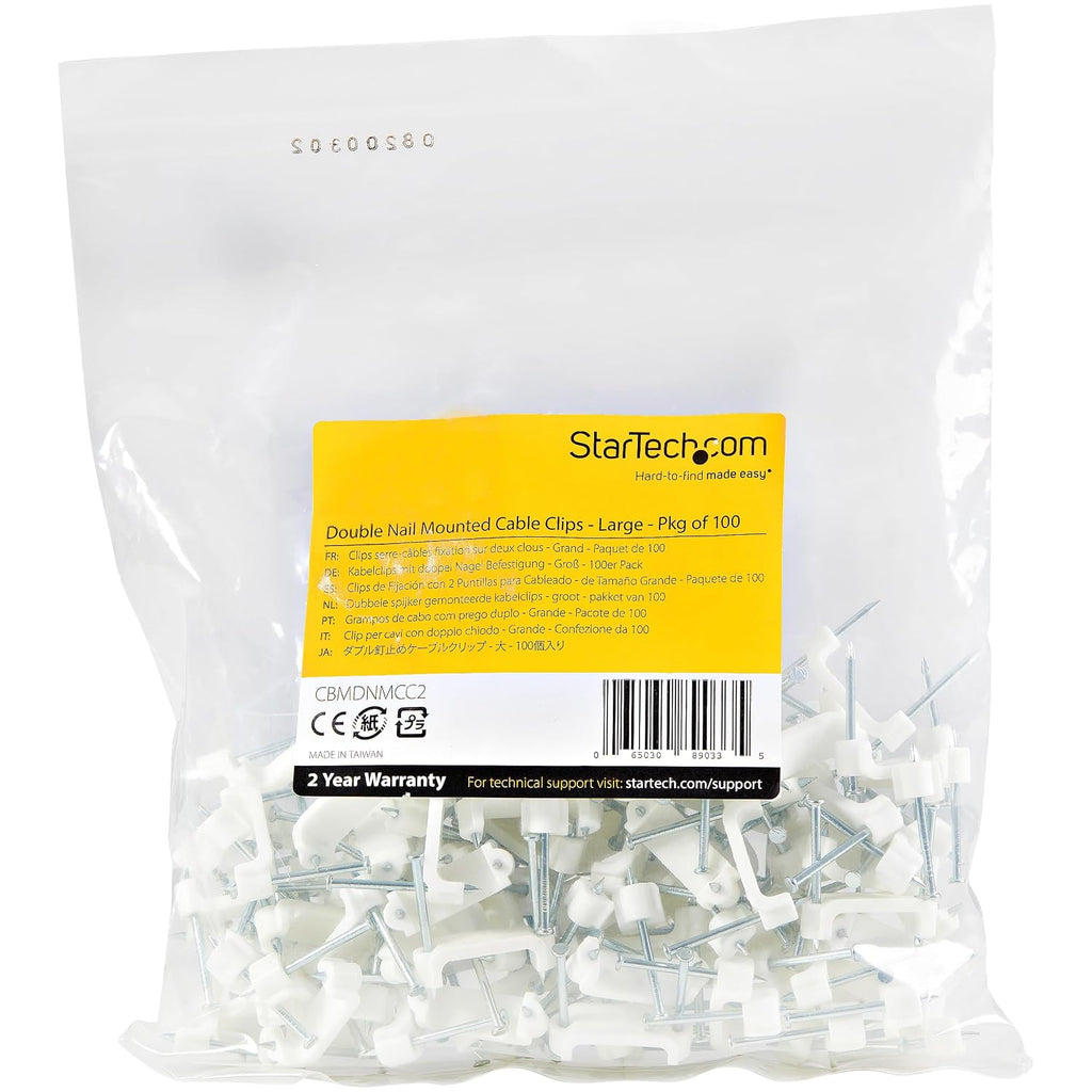 StarTech.com 200 Pack Cable Clips with Nails - Two Steel Nails - Reusable Nail-in Clamps - Brick/Drywall Cable Fasteners - Ethernet Cord/AV/Coax Cable - Mounting Cable Tacks - White - TAA (CBMDNMCC2)