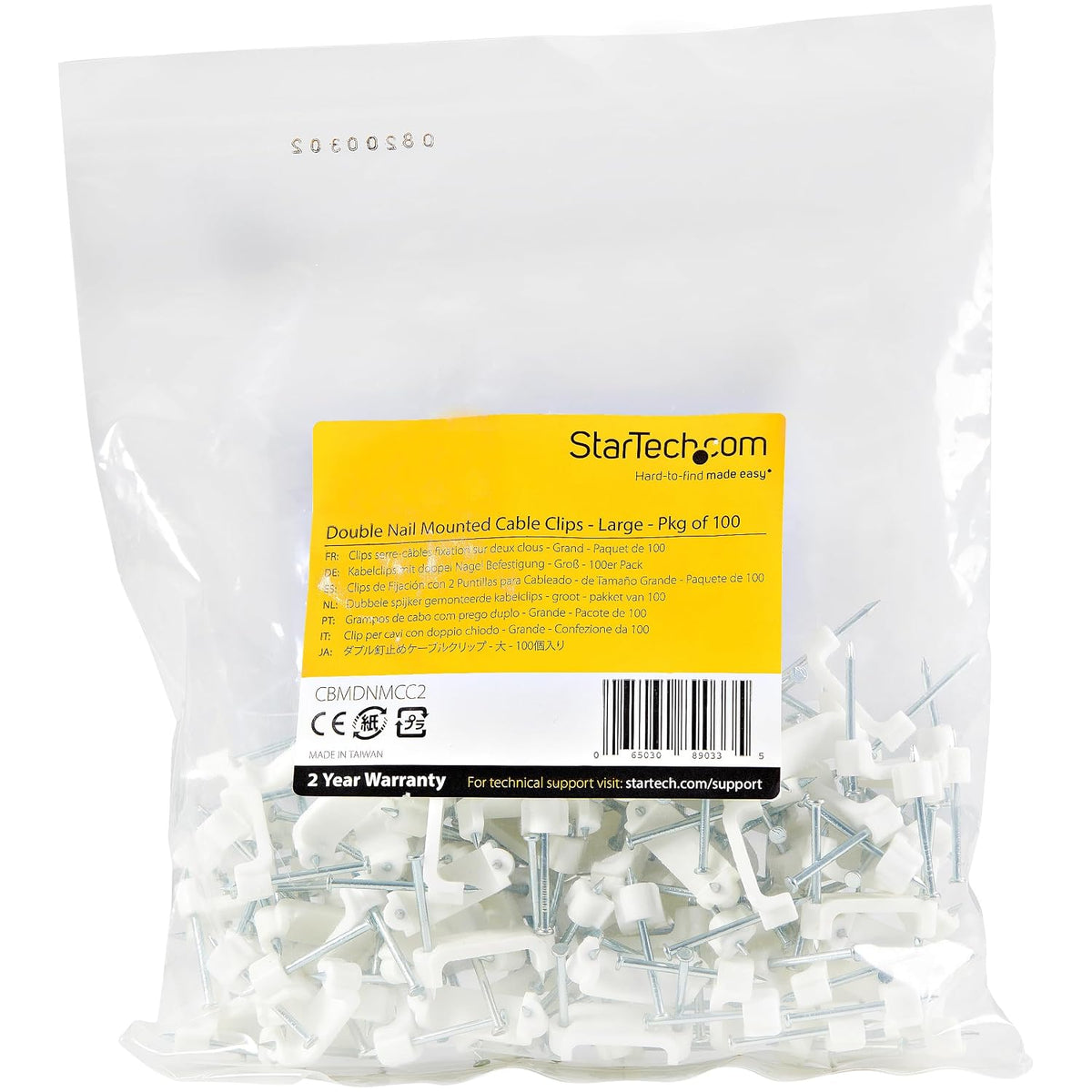 StarTech.com 200 Pack Cable Clips with Nails - Two Steel Nails - Reusable Nail-in Clamps - Brick/Drywall Cable Fasteners - Ethernet Cord/AV/Coax Cable - Mounting Cable Tacks - White - TAA (CBMDNMCC2)