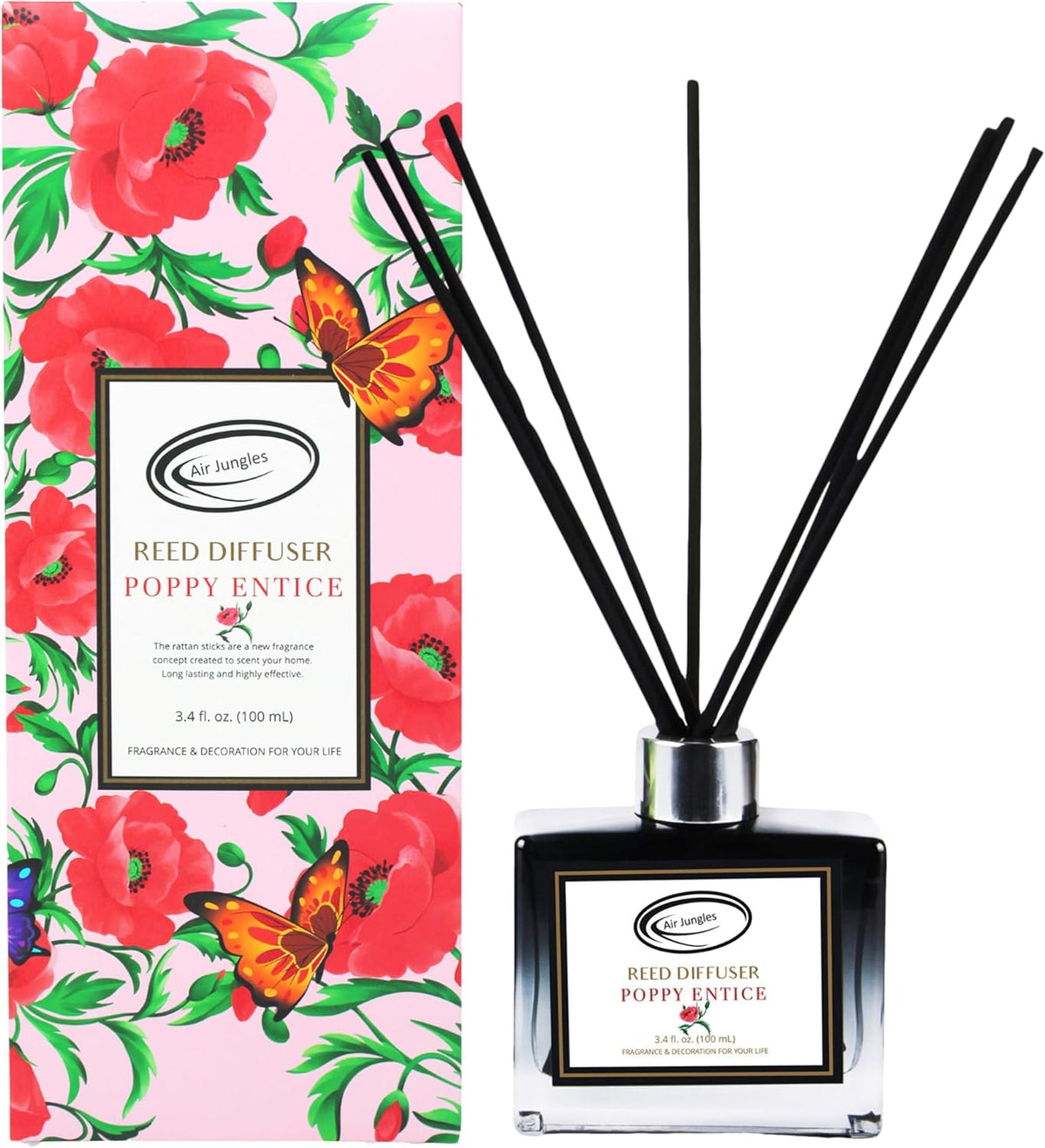 Air Jungles Poppy Entice Reed Diffuser Set with Sticks 3.4 Fl Oz