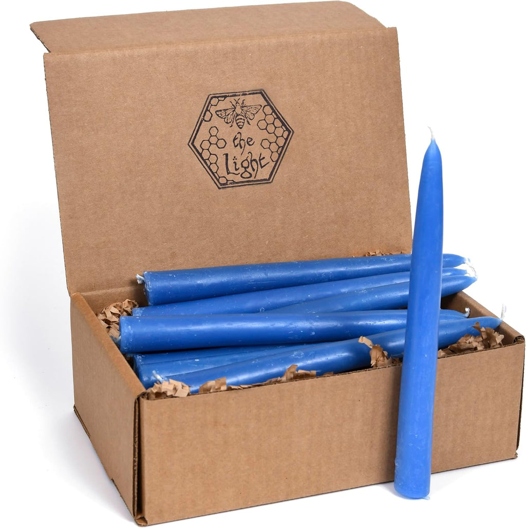 100% Pure Beeswax Taper Candles - All-Natural Handmade Decorative & Dipped Smokeless Unscented Candles for Christmas, Advent, and Hanukkah, Rustic Blue, 8.5 Inches, 24 Candle Set, by BeeTheLight